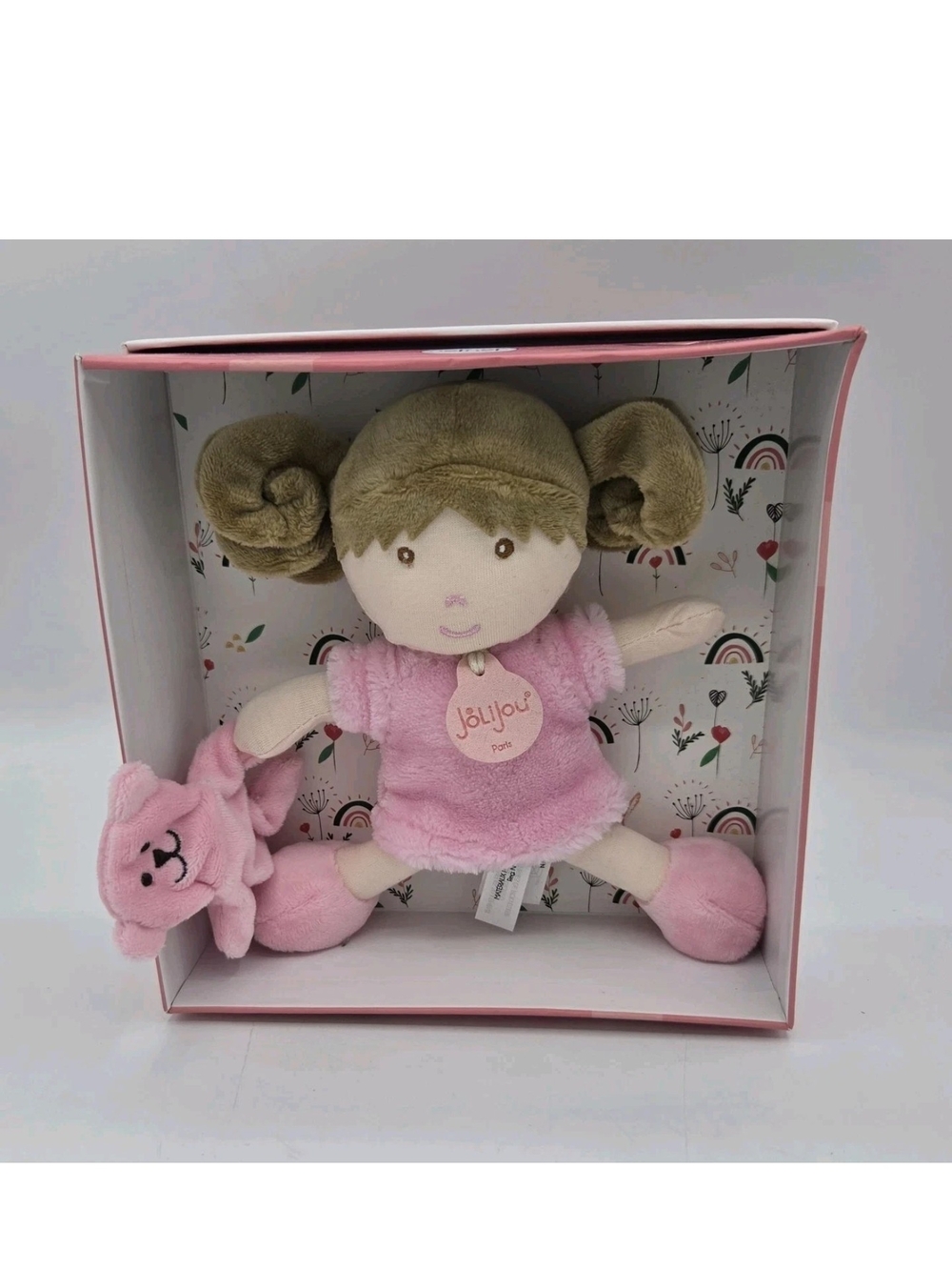 JoLiJou Paris Demoiselle Rose My First 7" Cloth Doll In Pink Outfit With Teddy